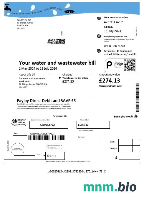 Wielka Brytania United Utilities water rachunek za usługi komunalne szablon w formacie Word i PDF